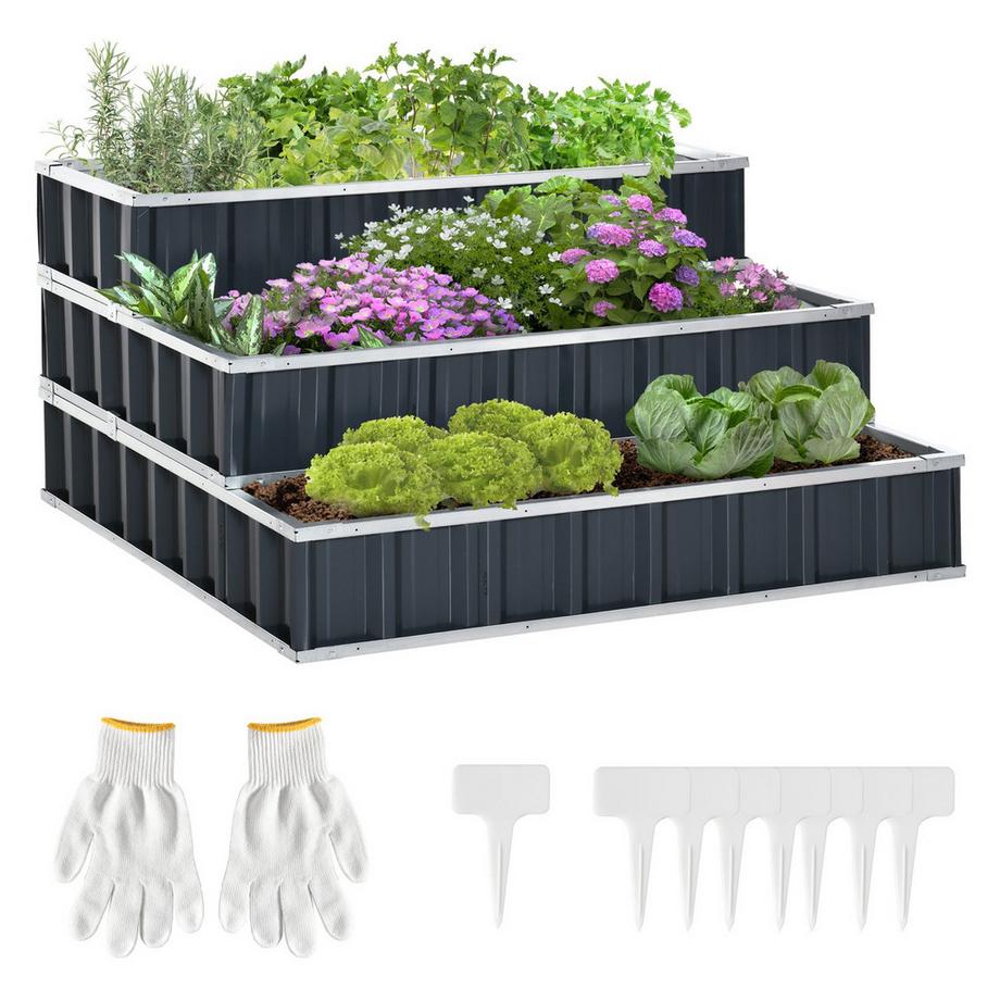 Northio Lit Surélevé En Acier À 3 Étages Avec Panneaux De Plantes En Forme De T, Gants, Parterre De Plantes, Parterre D'Herbes Aromatiques, Escaliers De Fleurs Pour Balcon, Jardin, Gris Foncé, 118 X 118 X 62 Cm  