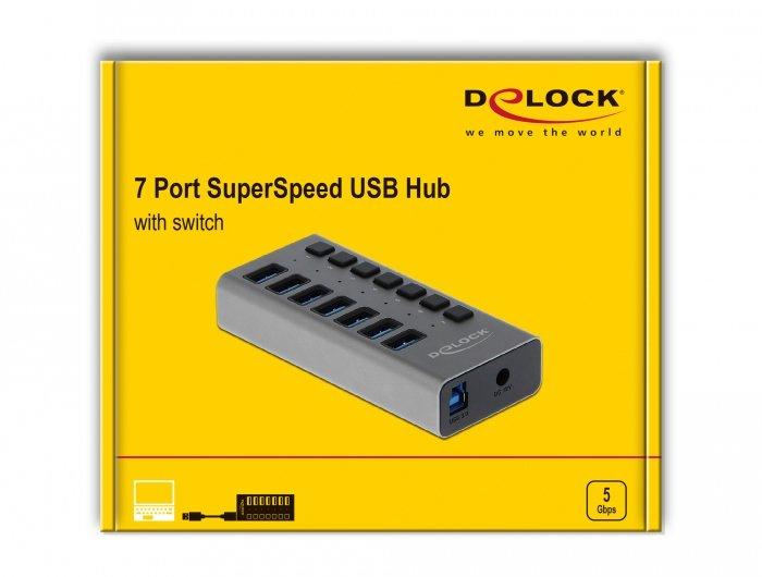 DeLock  63669 Schnittstellen-Hub USB 3.2 Gen 1 (3.1 Gen 1) Type-B 5000 Mbit/s Grau 