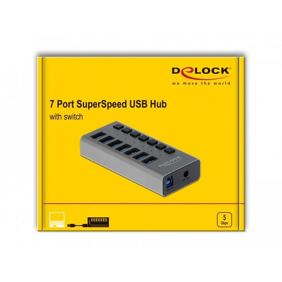 DeLock  HUB USB 5 GBPS ESTERNO CON 7 PORTE + SWITCH 