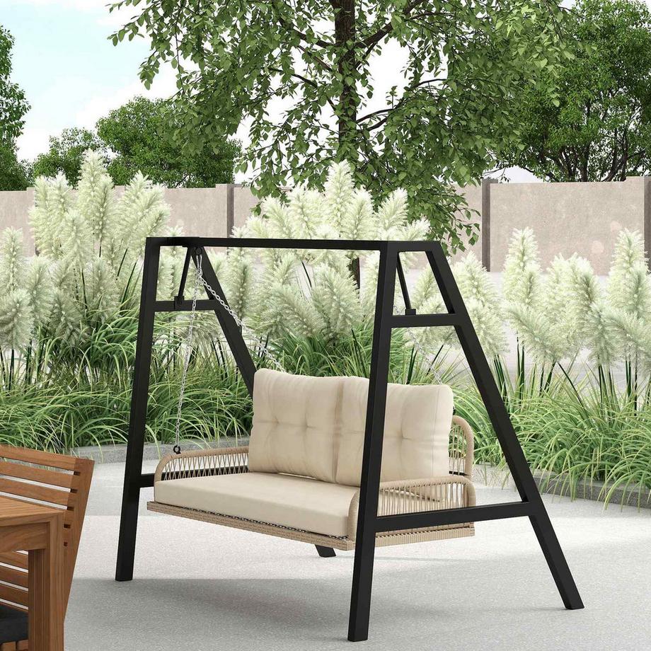 Northio Hollywoodschaukel 2-Sitzer Rattan Gartenschaukel mit Kissen Ketten Hängebank bis 240 kg belastbar Hängeschaukel Schaukelbank Gartenbank für Garten Balkon 115 x 66 x 44 cm Beige Aosom  