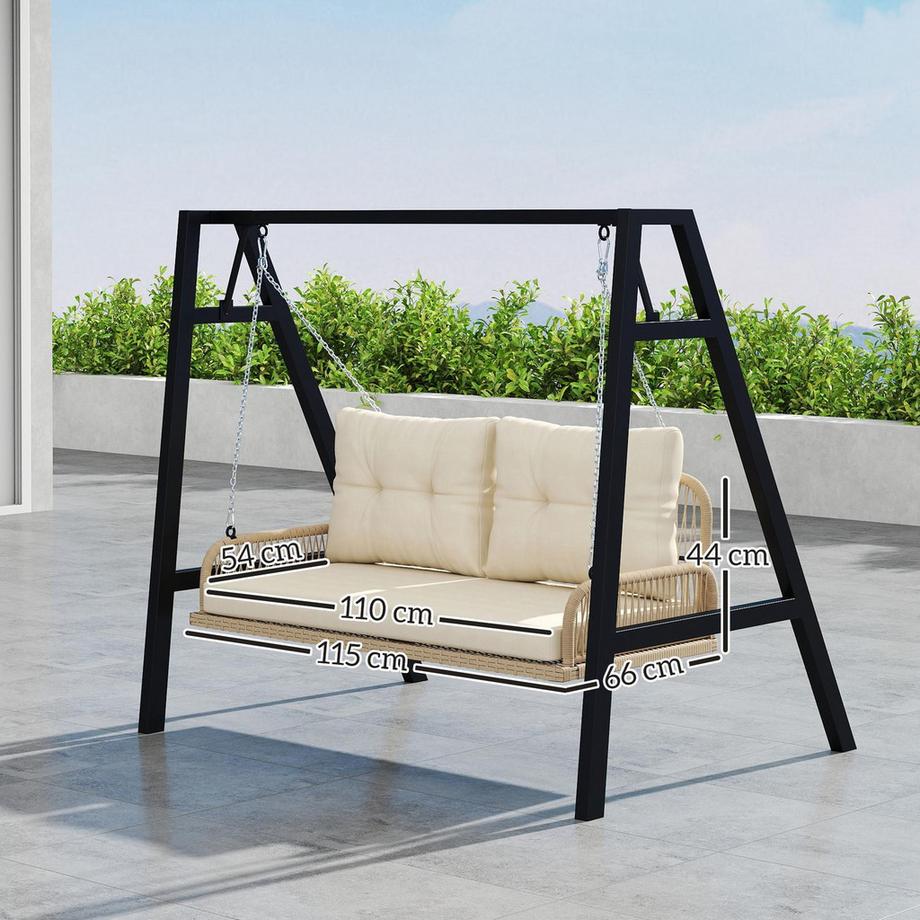 Northio Hollywoodschaukel 2-Sitzer Rattan Gartenschaukel mit Kissen Ketten Hängebank bis 240 kg belastbar Hängeschaukel Schaukelbank Gartenbank für Garten Balkon 115 x 66 x 44 cm Beige Aosom  