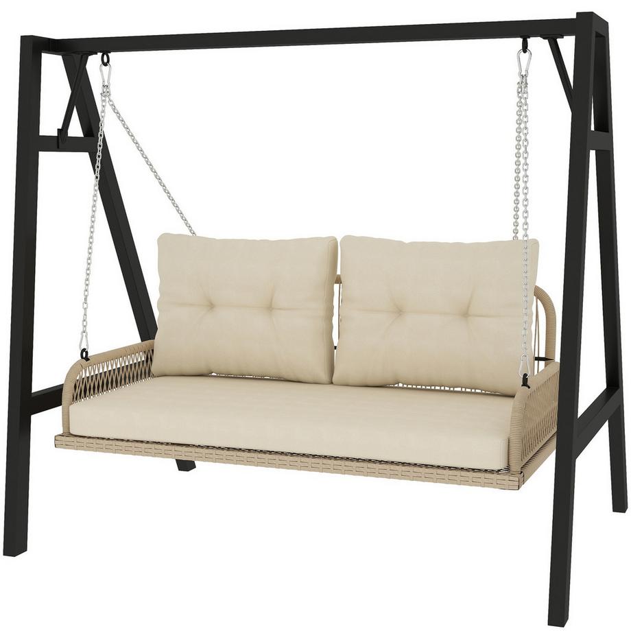 Hollywoodschaukel 2-Sitzer Rattan Gartenschaukel mit Kissen Ketten Hängebank bis 240 kg belastbar Hängeschaukel Schaukelbank Gartenbank für Garten Balkon 115 x 66 x 44 cm Beige Aosom