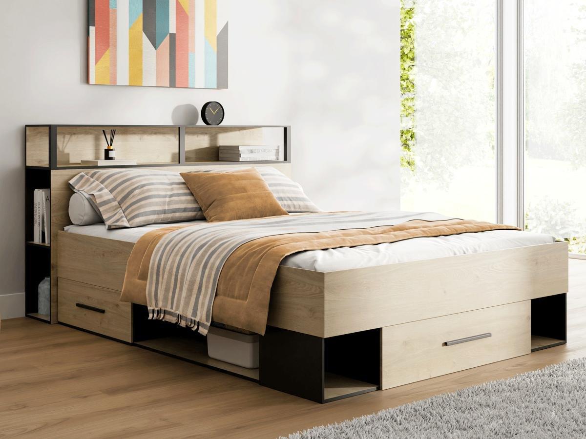 Vente-unique Letto con vani portaoggetti 140 x 190 cm + Rete Naturale e Nero - NOALIA  