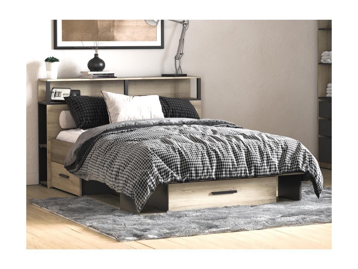 Vente-unique Letto con vani portaoggetti 140 x 190 cm + Rete Naturale e Nero - NOALIA  