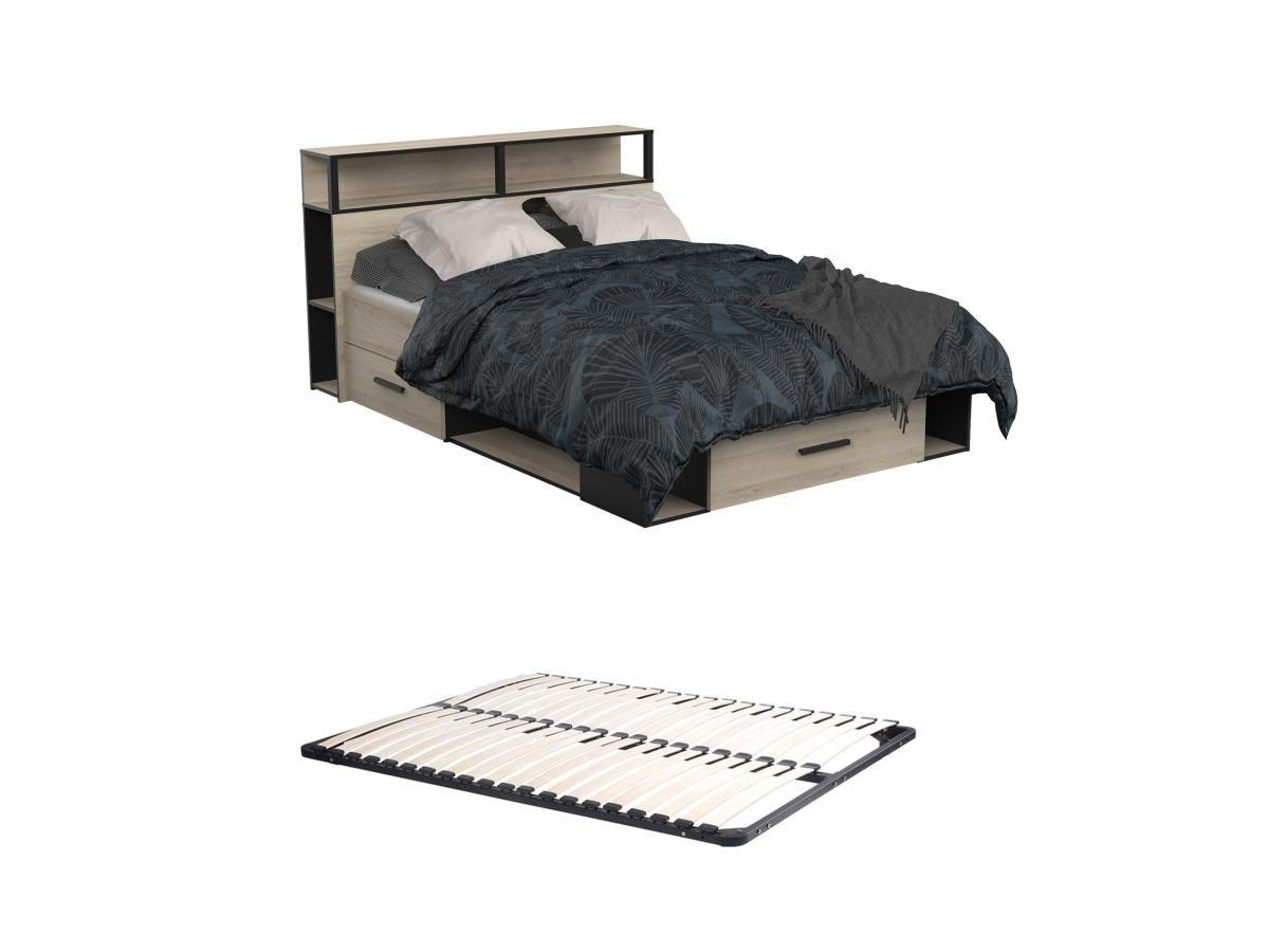 Image of Bett mit Stauraum- 140 x 190 cm + Lattenrost - Holzfarben & Schwarz - NOALIA Bett mit Stauraum- 140 x 190 cm + Lattenrost - Holzfarben & Schwarz - NOALIA