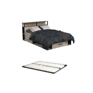 Vente-unique Letto con vani portaoggetti 140 x 190 cm + Rete Naturale e Nero - NOALIA  