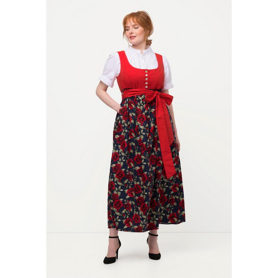 Ulla Popken Dirndl Motif Floral Ruban à Nouer Encolure Carrée Sans Manches  