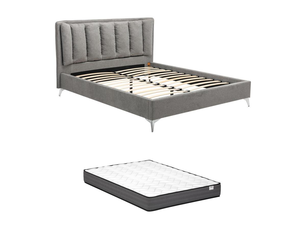 Image of Bett 140 x 190 cm - gepolstertes Kopfteil - Stoff - Grau + Matratze - FUNITI Bett 140 x 190 cm - gepolstertes Kopfteil - Stoff - Grau + Matratze - FUNITI