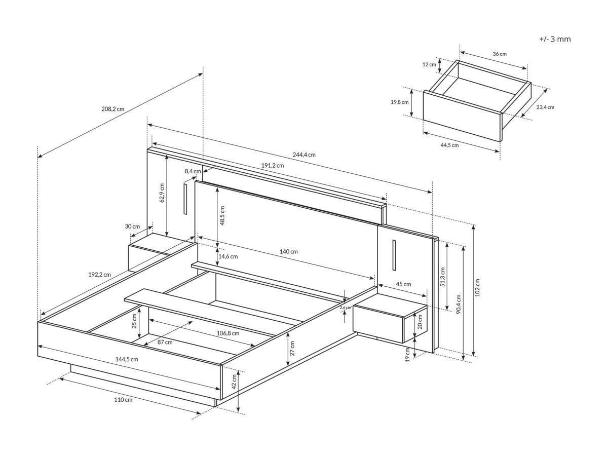 Vente-unique Bett mit Nachttischen - 140 x 190 cm - 2 Schubladen - Mit LED-Beleuchtung - Holzfarben und Anthrazit + Lattenrost + Matratze - FRANCOLI  