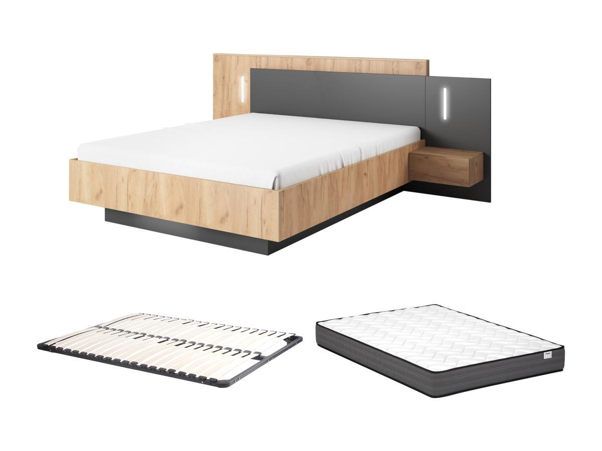 Vente-unique Letto con comodini 140 x 190 cm 2 cassetti Con LED Naturale e Antracite + Rete a doghe + Materasso - FRANCOLI  