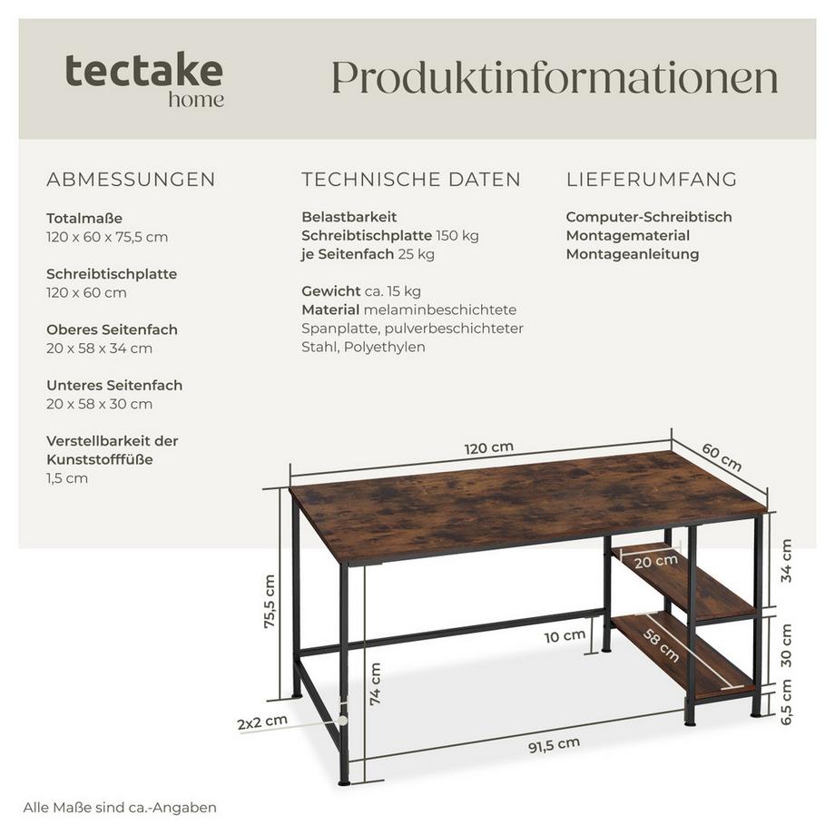 Tectake Computer-Schreibtisch Canton Industrial Style Holz und Stahl  
