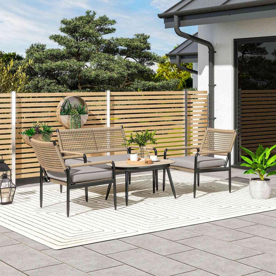 Northio Gartenmöbel Set aus Polyrattan Lounge-Set mit 2er Sofa Sessel Glastisch Kissen wetterfest Sitzgruppe für 4 Personen Outdoor Balkonmöbel Set Terrassenmöbel für Garten Balkon Dunkelgrau+Gelb |  