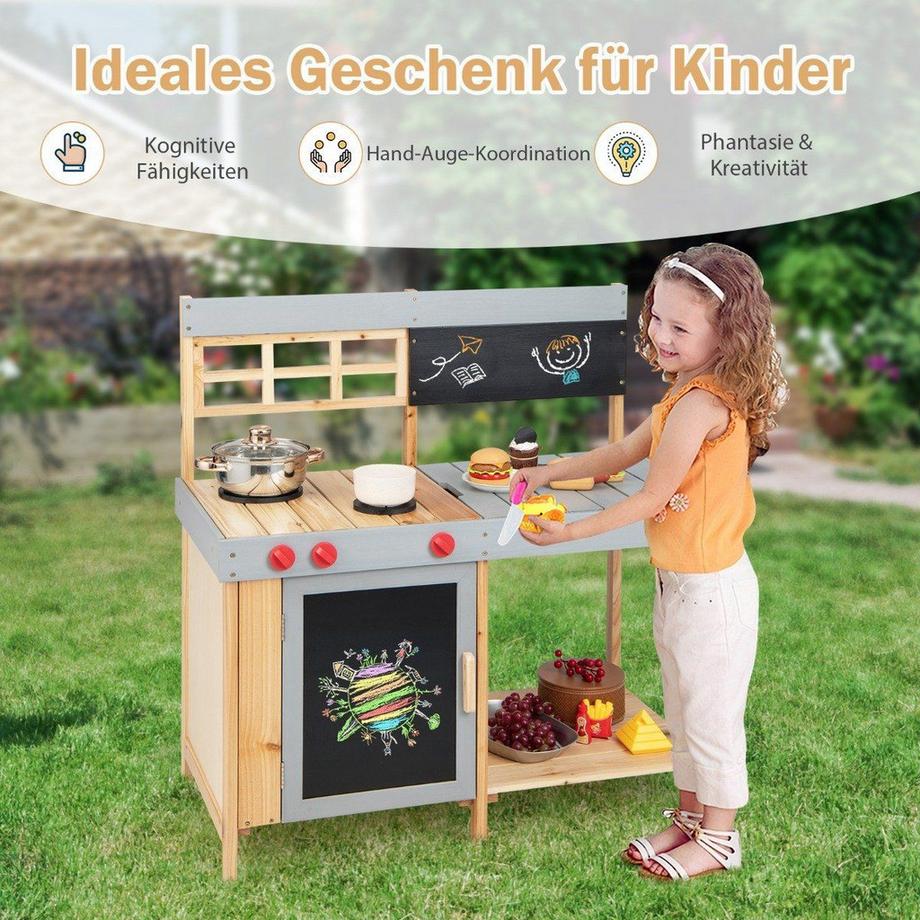 Northix  Outdoor-Kinder-Matschküchenset Holz-Spielküche 89 x 45 x 90 cm Natur + Grau 