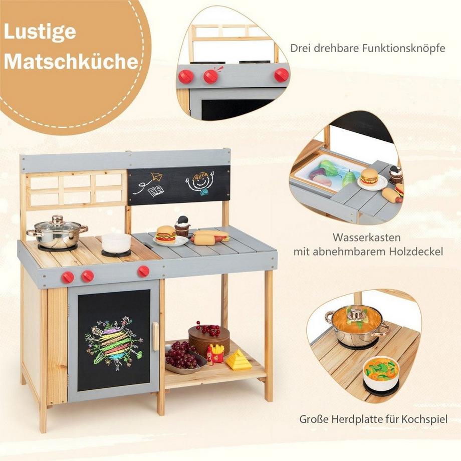 Northix  Outdoor-Kinder-Matschküchenset Holz-Spielküche 89 x 45 x 90 cm Natur + Grau 