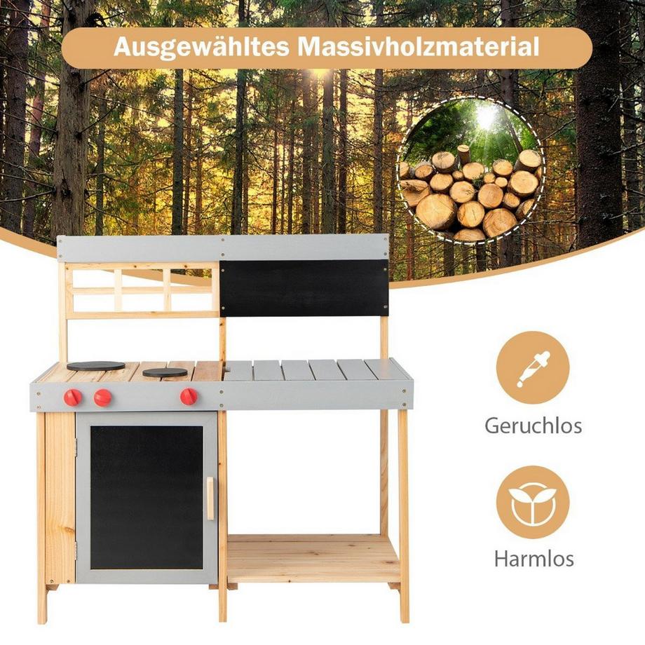 Northix  Outdoor-Kinder-Matschküchenset Holz-Spielküche 89 x 45 x 90 cm Natur + Grau 