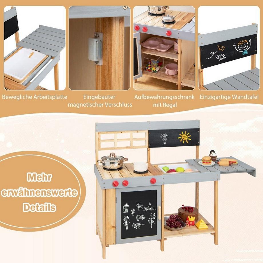 Northix  Outdoor-Kinder-Matschküchenset Holz-Spielküche 89 x 45 x 90 cm Natur + Grau 
