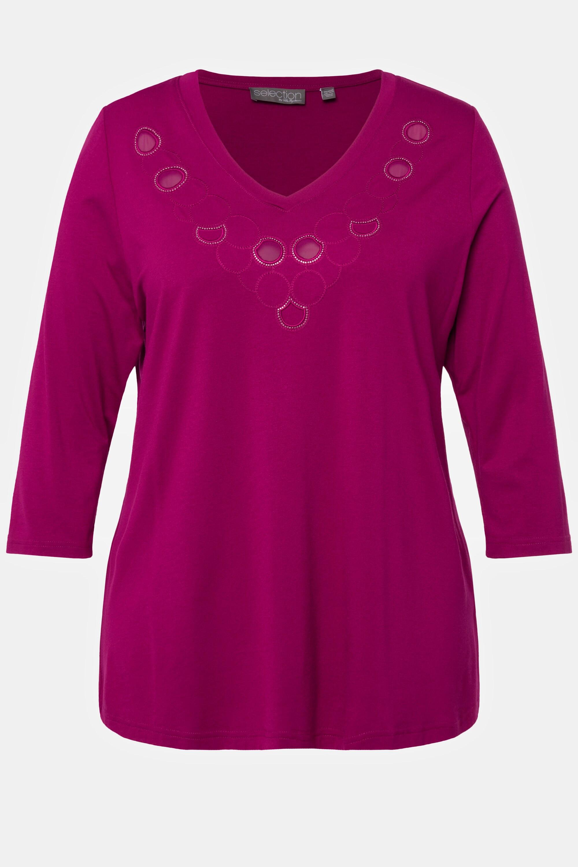 Ulla Popken  T-shirt, broderie, rivets fantaisie, col en V, manches 3/4 