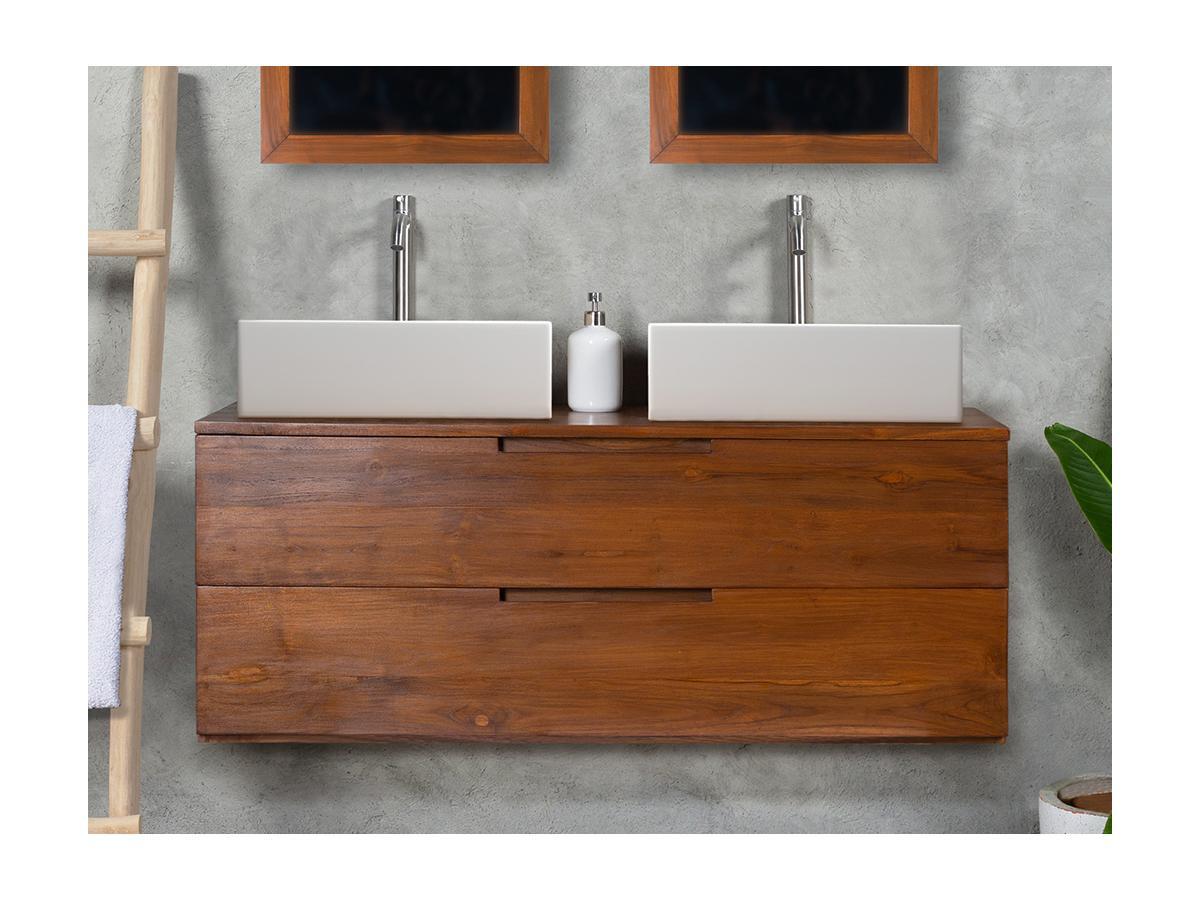 Vente-unique Mobili per bagno sospeso con lavabo doppio 2 cassetti 115 cm in Teak scuro - BIMBING  