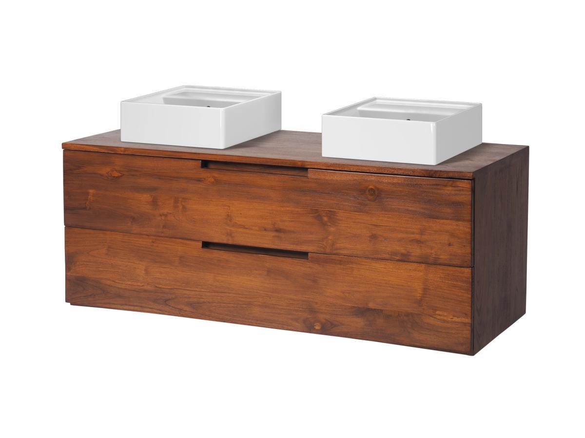 Vente-unique Mobili per bagno sospeso con lavabo doppio 2 cassetti 115 cm in Teak scuro - BIMBING  