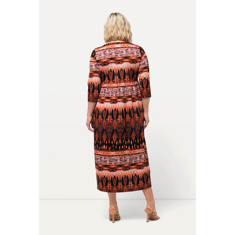 Ulla Popken Robe en Jersey Coupe Trapèze Bandes Fantaisie Col Rond Manches 3/4  