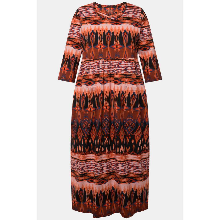 Ulla Popken Robe en Jersey Coupe Trapèze Bandes Fantaisie Col Rond Manches 3/4  