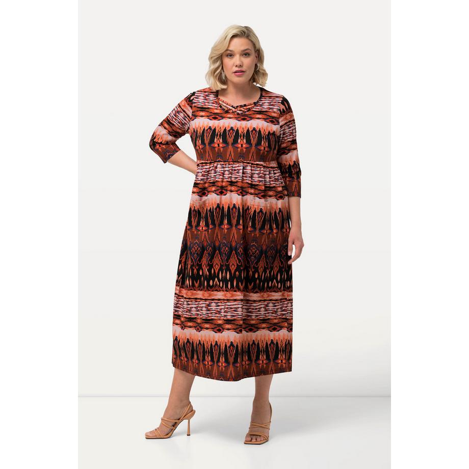 Ulla Popken Robe en Jersey Coupe Trapèze Bandes Fantaisie Col Rond Manches 3/4  