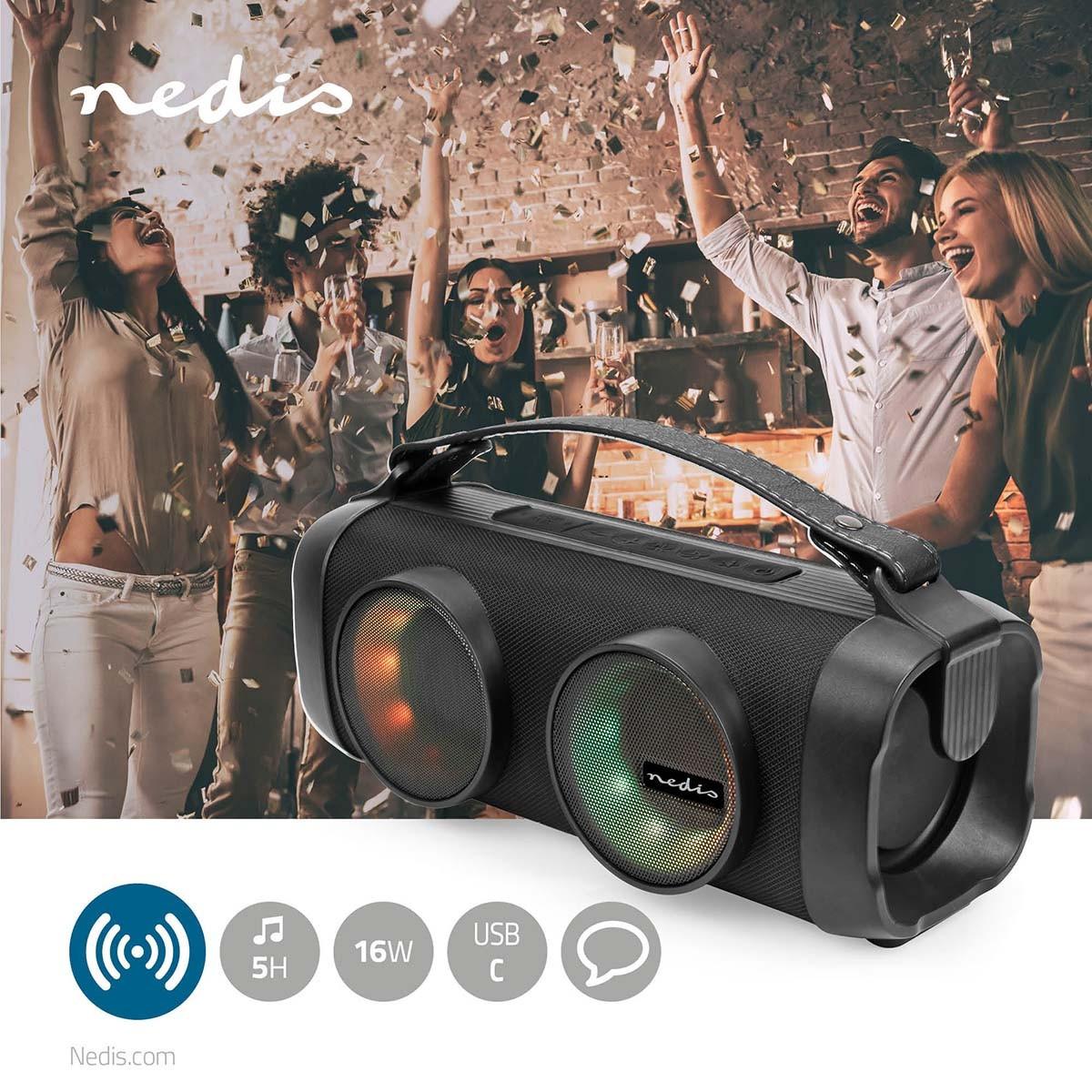 Nedis  Bluetooth® Party Boombox | 5 Timer | 2.0 | 24 w | MediaFbilding: Aux / USB | Kann Parres | Bærehandagtart | Fest Lys | Vielfalt 