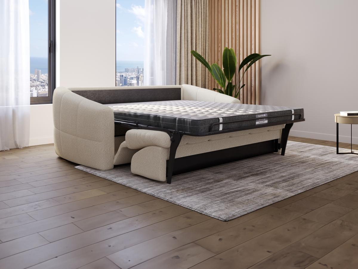 Vente-unique Divano letto 3 posti ribalta Letto 140cm Materasso - 14cm memory Tessuto bouclette Panna - RETUNA  