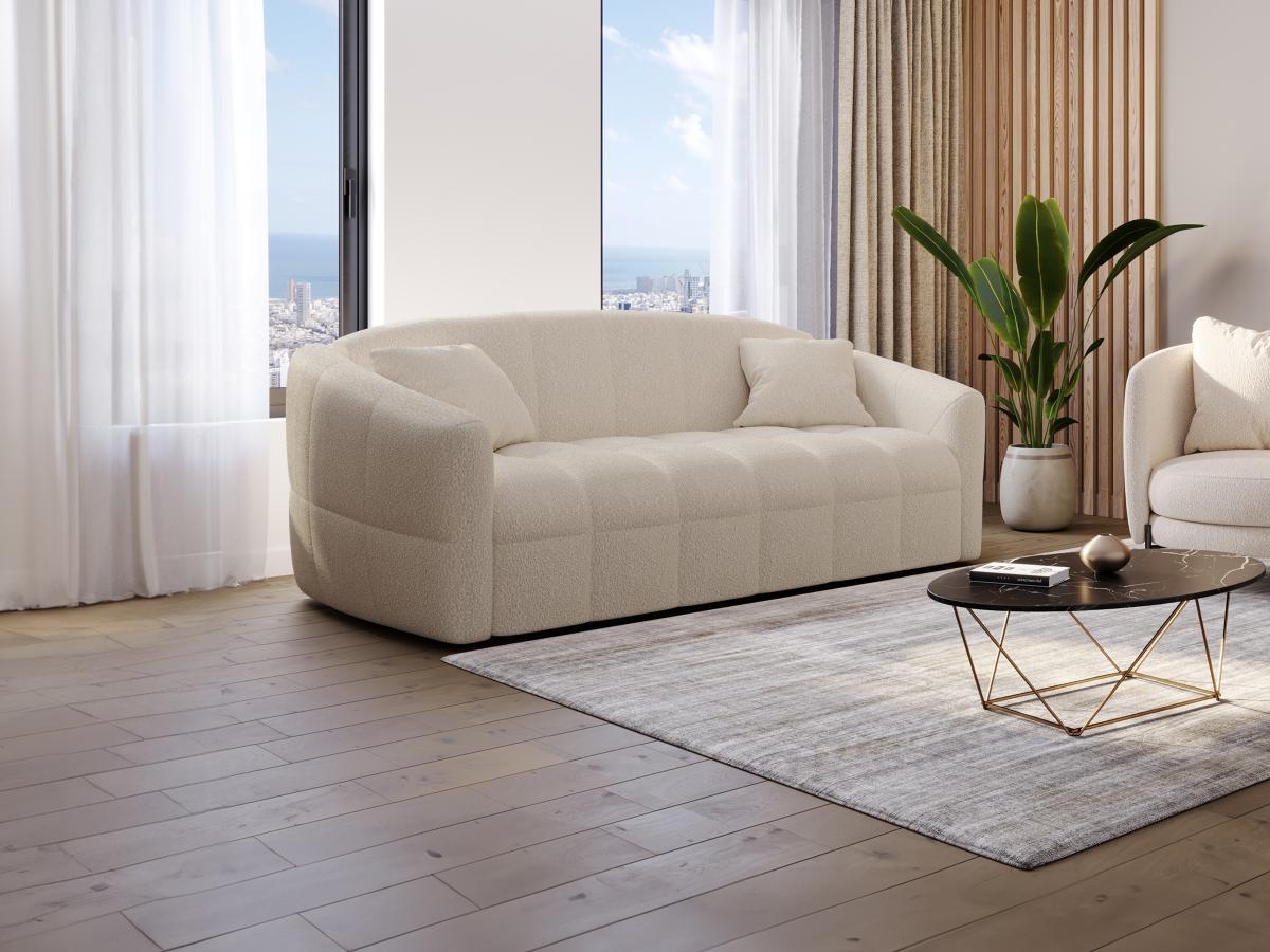 Vente-unique Divano letto 3 posti ribalta Letto 140cm Materasso - 14cm memory Tessuto bouclette Panna - RETUNA  