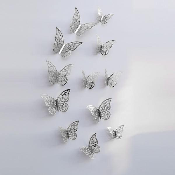 eStore 12pcs Papillons 3D en Métal, Décoration Murale - Feuille d'Argent  