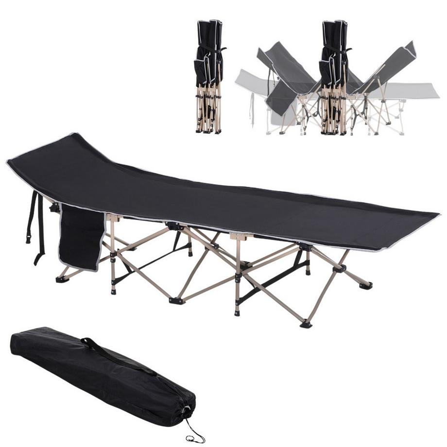 Feldbett, Faltbares Campingbett, Campingliege mit Aufbewahrungstasche, inkl. Tragetasche, Oxford, Schwarz, 190 x 68 x 52 cm