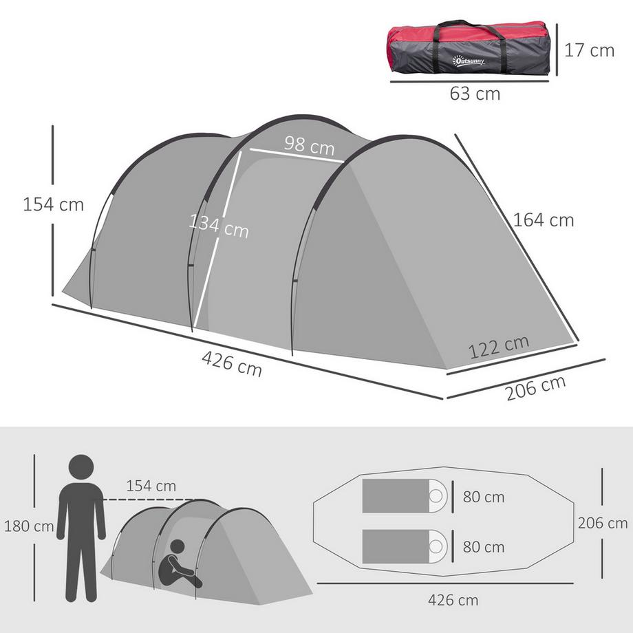 Northio  Tente Pour 2-3 Personnes Tente Tunnel 190T Tente De Camping Avec Piquets Fibre De Verre Polyester Gris 426 X 206 X 154 Cm 