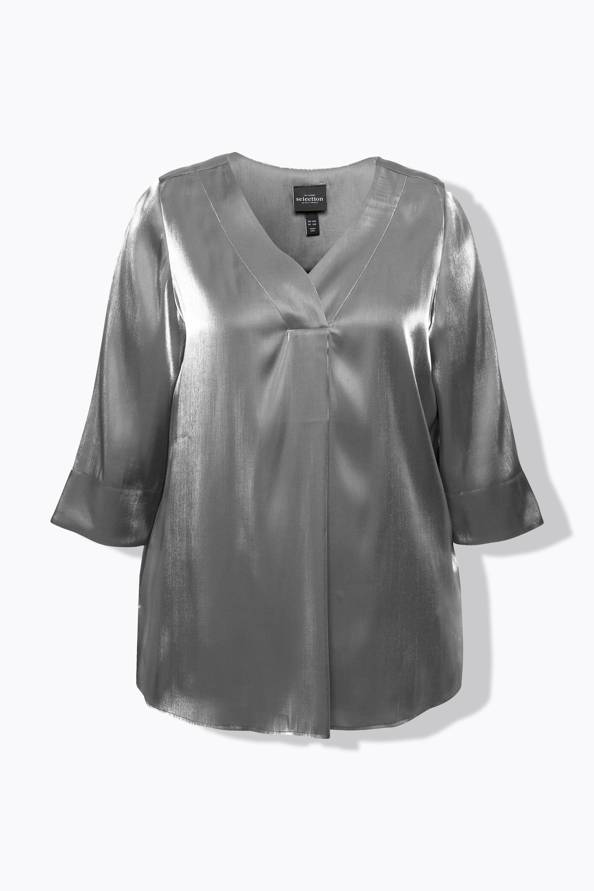 Ulla Popken  Blouse en A à col en V et manches 3/4, jolis plis creux 