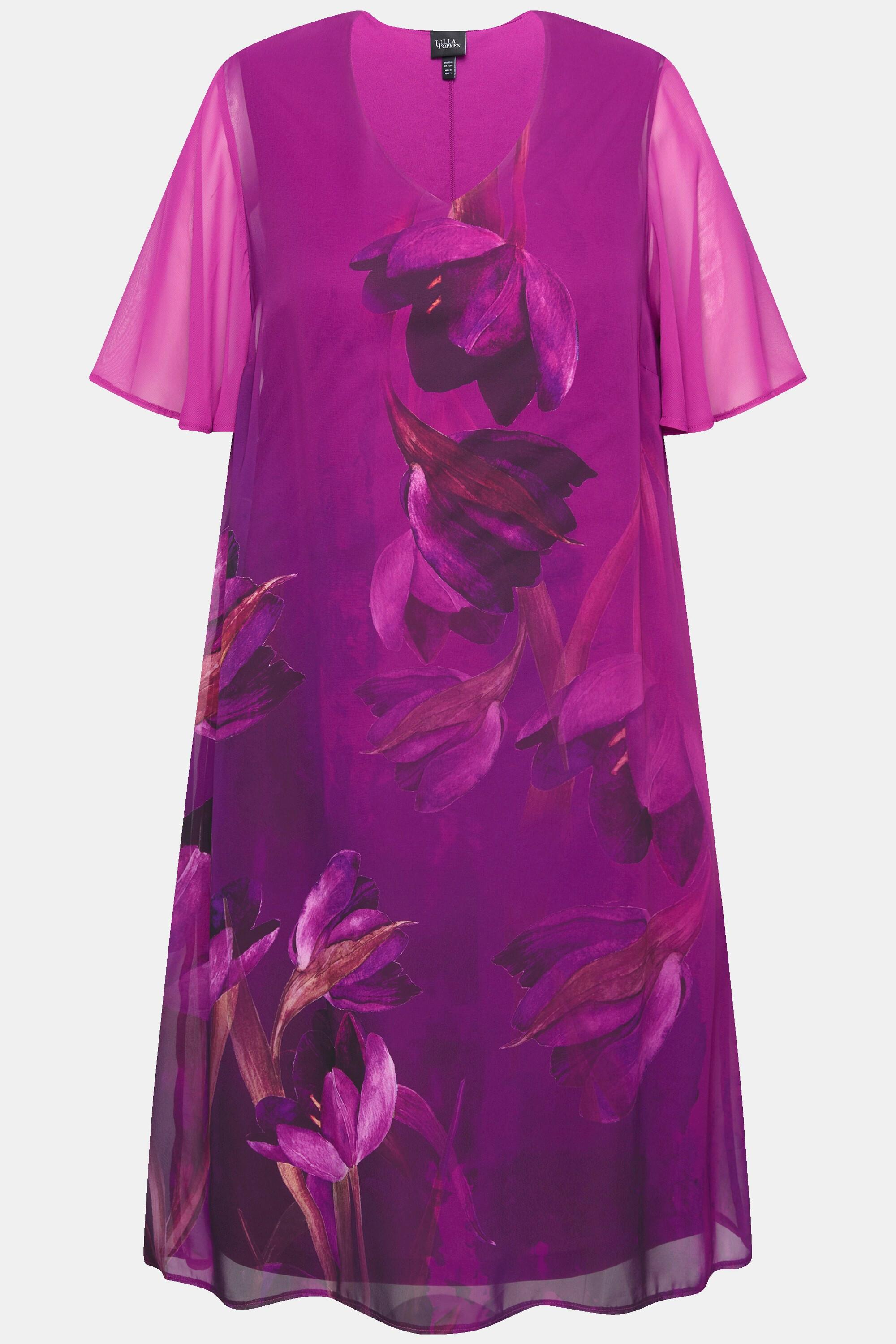 Ulla Popken  Robe à manches courtes et col en V, imprimé floral et ligne en A 