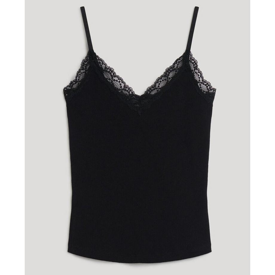 Superdry Essential Canotta a Coste in Cotone Biologico con Bordo in Pizzo  