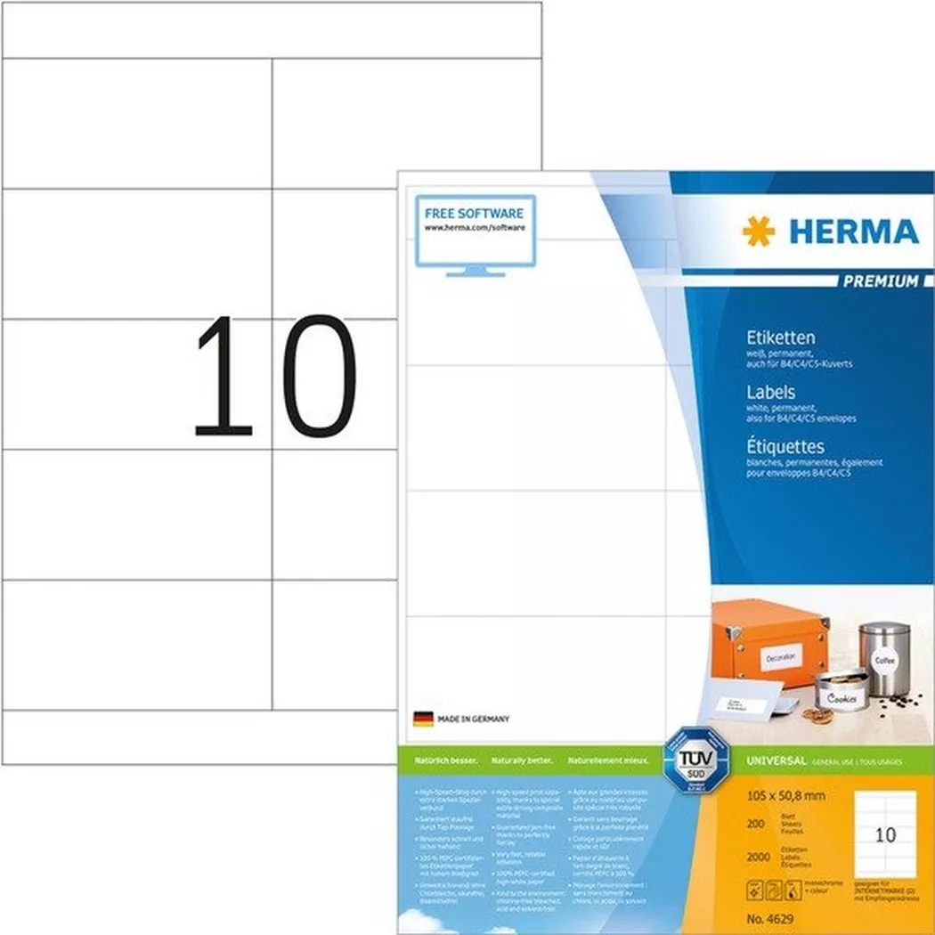 HERMA – Etiketten Premium 105×50,8mm 4629 weiss 2000 Stück, One Size