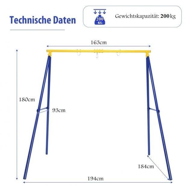 Northix Robustes Metall-Schaukelgestell A-Rahmen Gartenschaukel Gestell 194 x 184 x 180 cm Blau + Gelb  