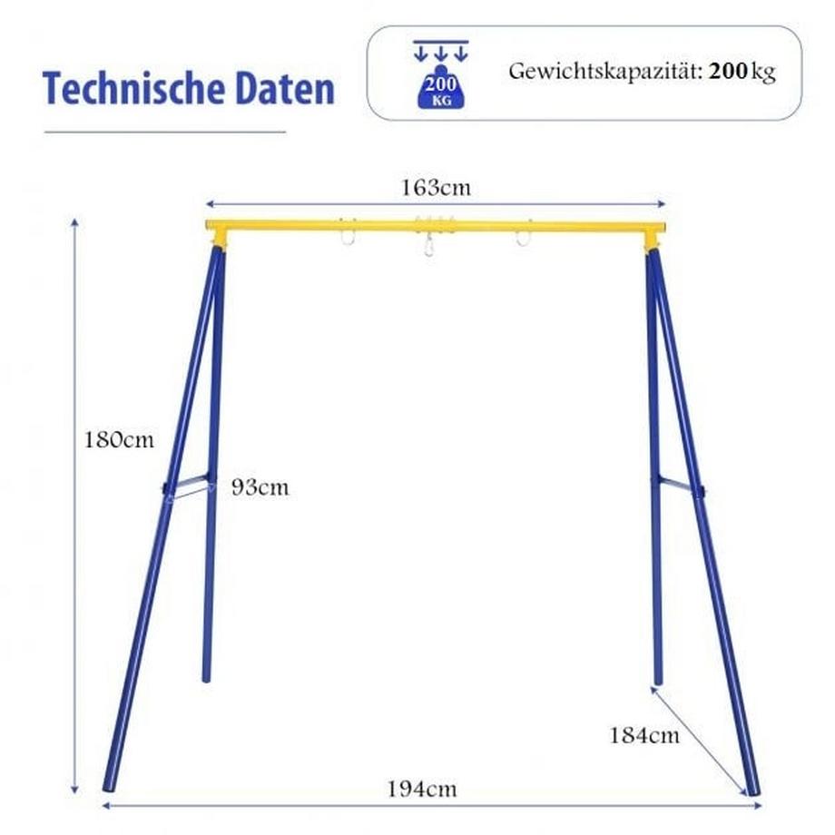 Northix Robustes Metall-Schaukelgestell A-Rahmen Gartenschaukel Gestell 194 x 184 x 180 cm Blau + Gelb  