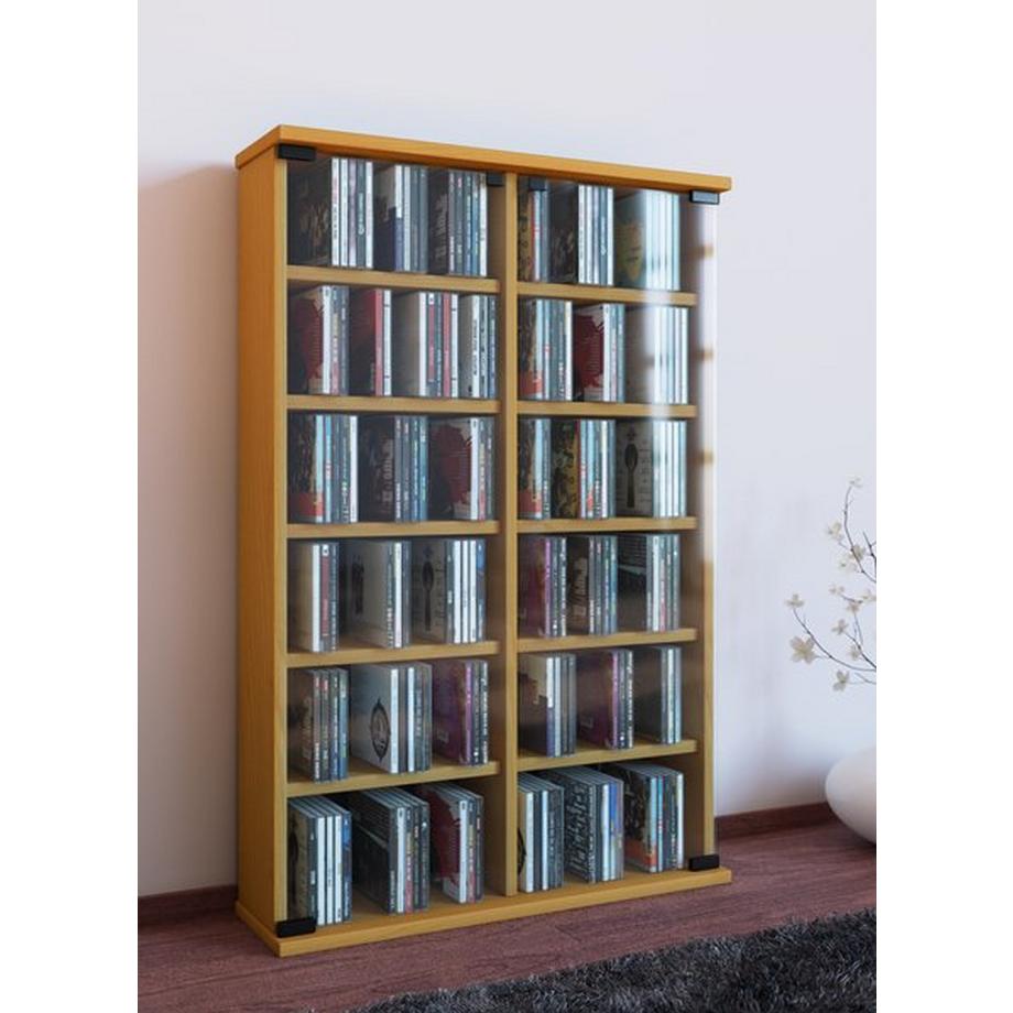 VCM CD Regal Holz | CD Schrank mit ESG-Sicherheitsglastüren für 300 CDs oder 130 DVDs oder 72-Videos| Maße: H. 92 x B. 60 x T. 18 cm | Elegantes DVD Regal  