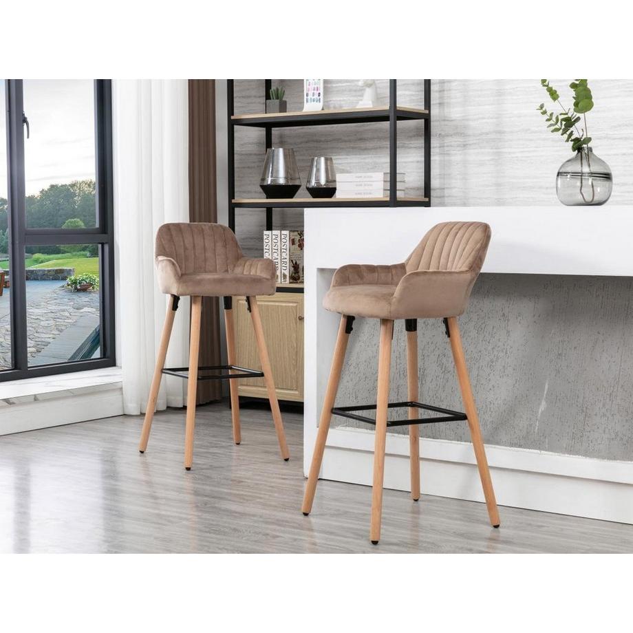 Vente-unique Tabouret de bar en velours et pieds bois de hêtre - Beige - ELEANA  
