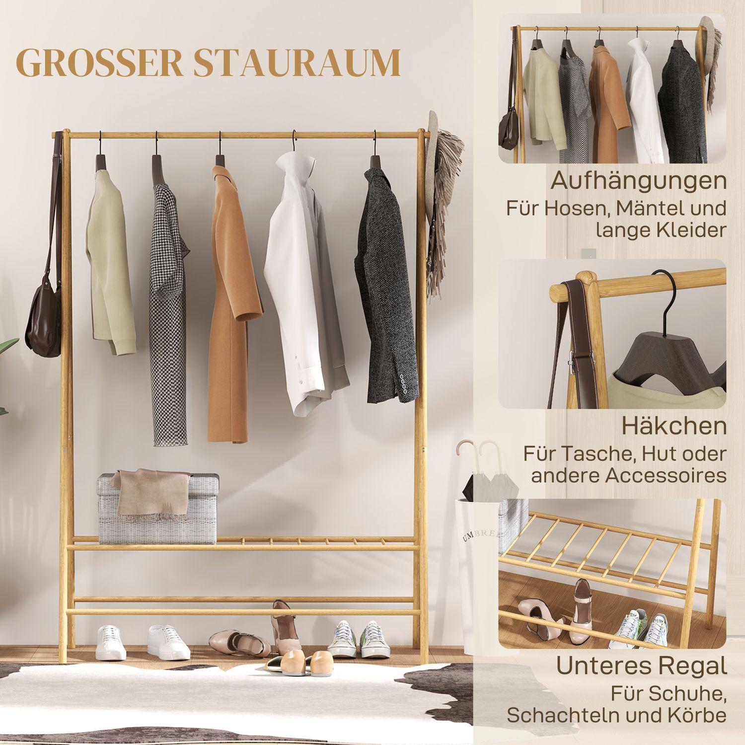 Northio Appendiabiti in bambù, appendiabiti con ripiani e ganci, appendiabiti con asta appendiabiti, per corridoio, soggiorno, camera da letto, 116 x 43,5 x 160 cm, legno naturale  