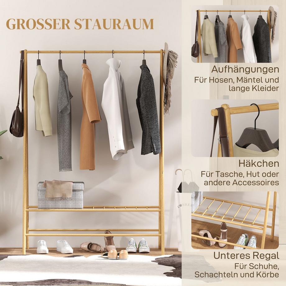 Northio Appendiabiti in bambù, appendiabiti con ripiani e ganci, appendiabiti con asta appendiabiti, per corridoio, soggiorno, camera da letto, 116 x 43,5 x 160 cm, legno naturale  