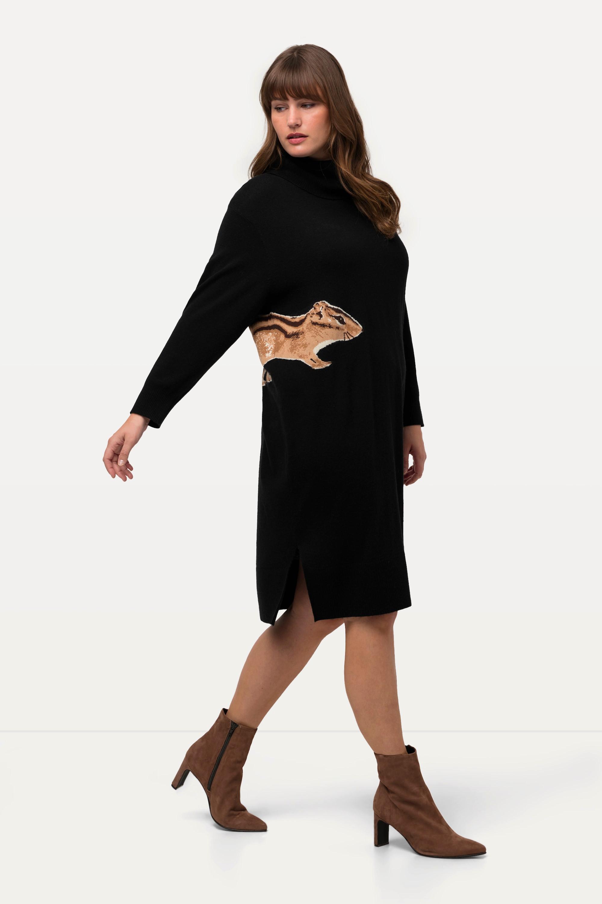 Ulla Popken Strickkleid Tiermotiv Rollkragen Langarm  