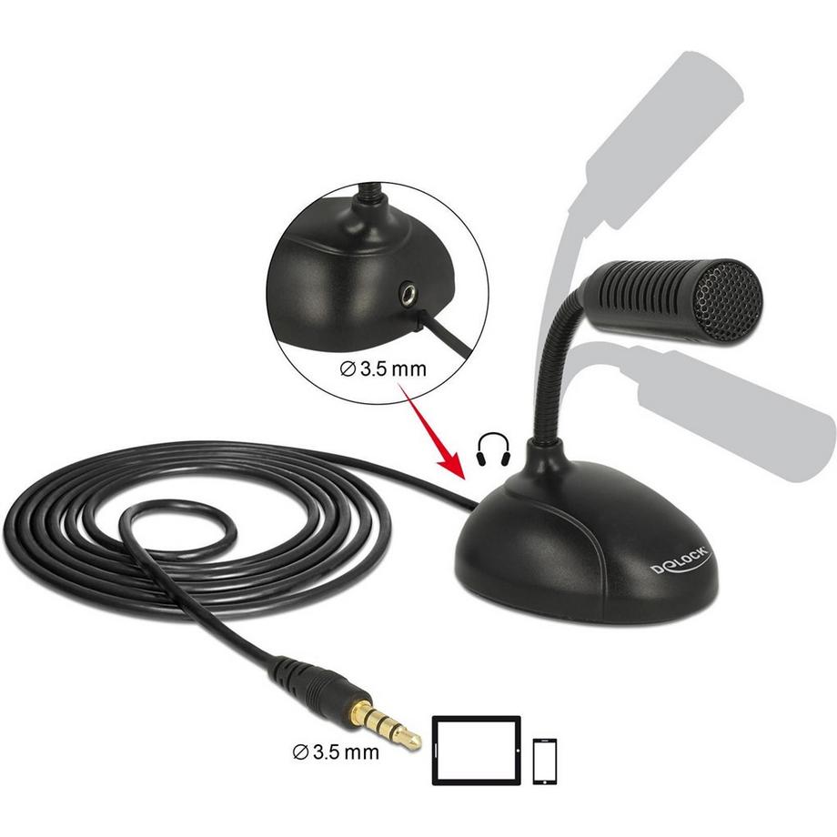DeLock  USB Microphon für Smartphone /Tablet mit Schwanenhals, 3.5mm Stecker/Buchse,1.7m 