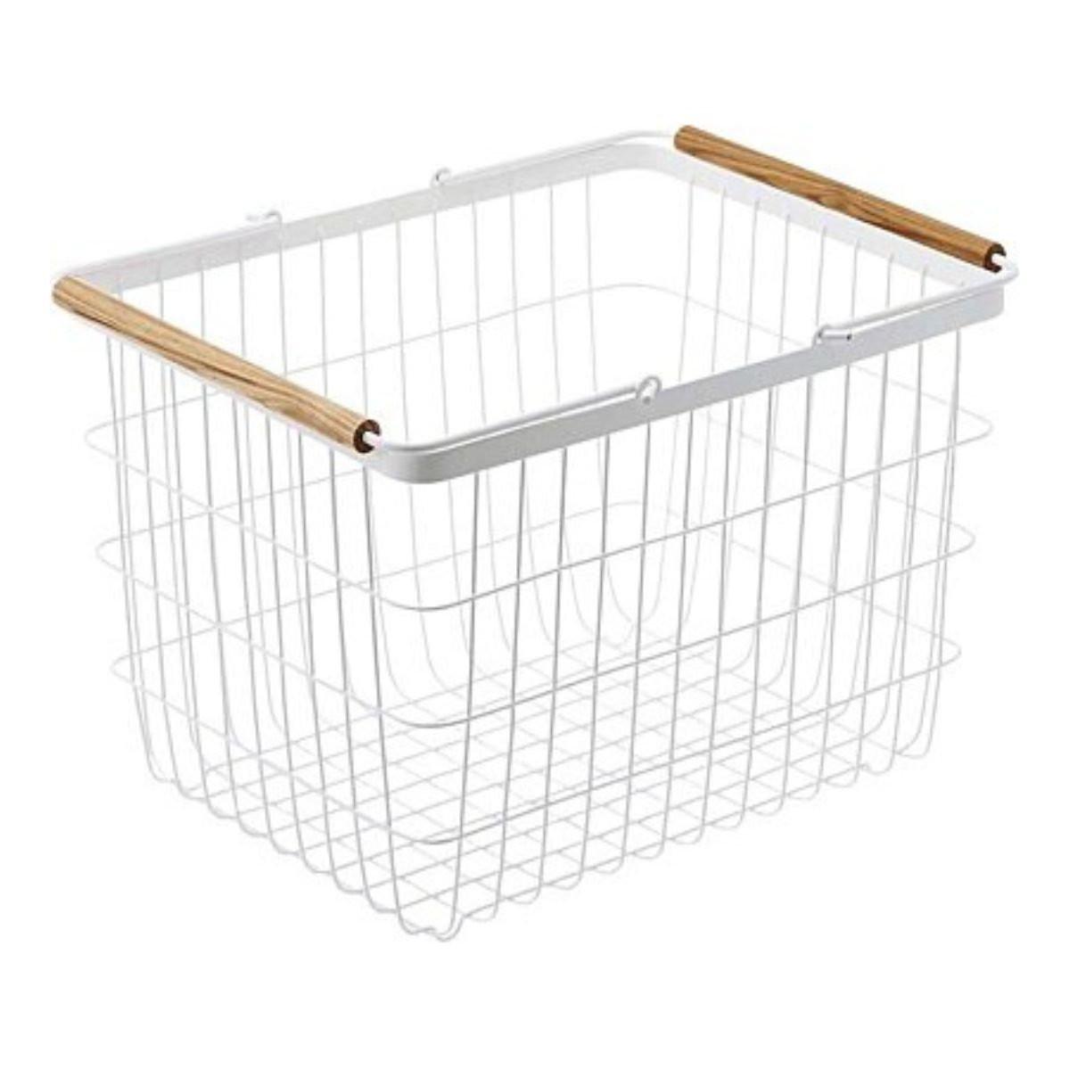 Calicosy Cesto per biancheria in metallo bianco con manici in legno H38.5cm  