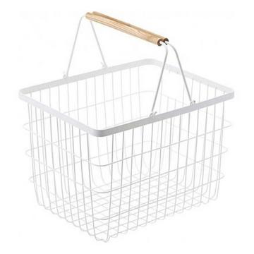 Cesto per biancheria in metallo bianco con manici in legno H38.5cm