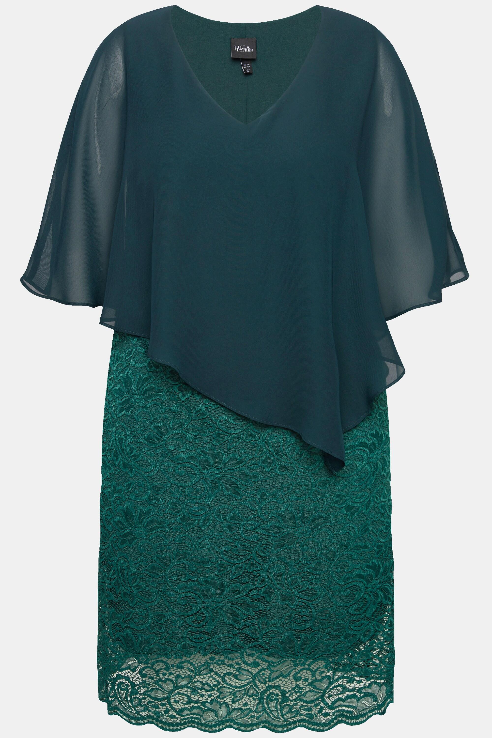 Ulla Popken  Abendkleid, Chiffon-Cape, Jersey, Spitzensaum, 3/4-Arm 