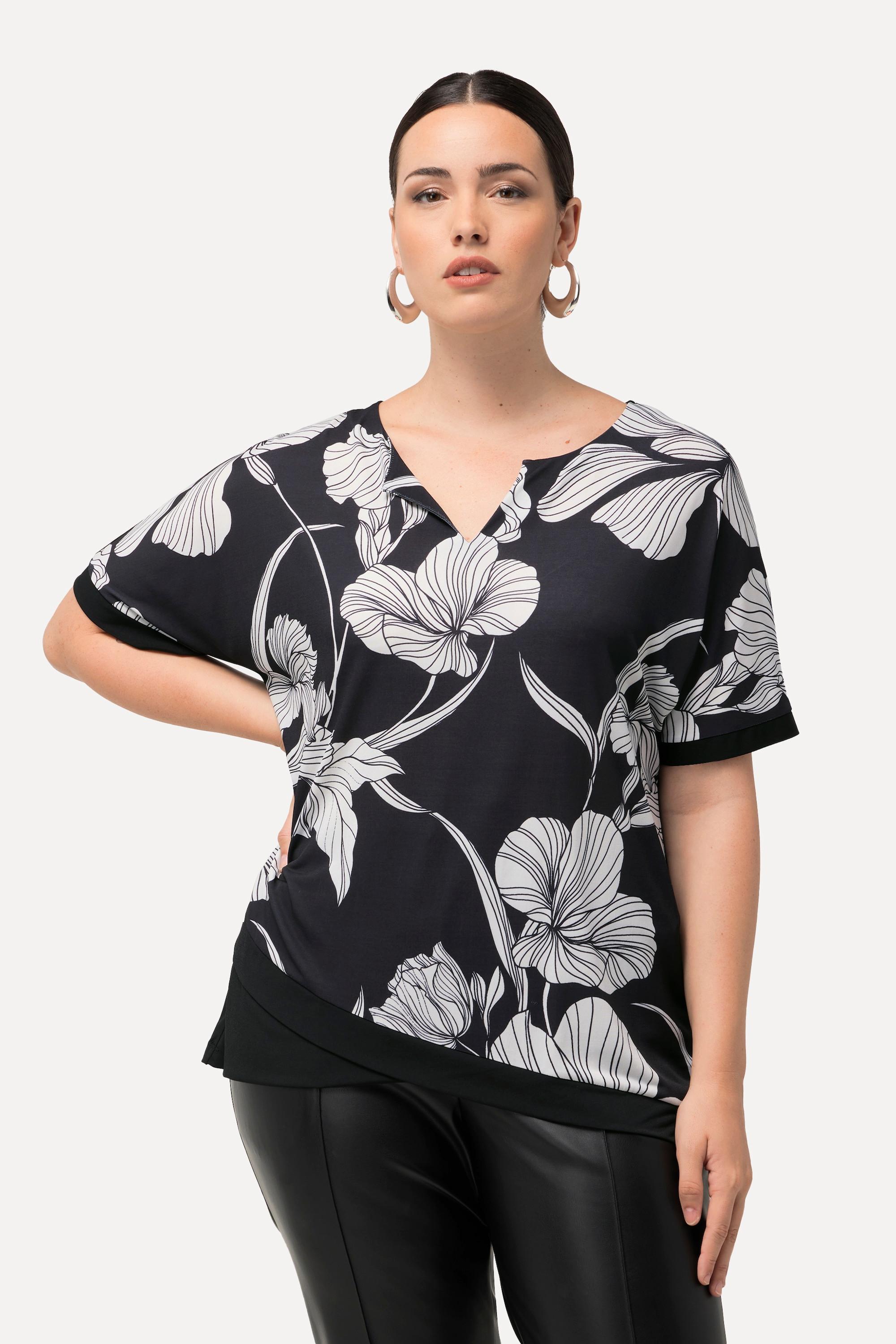 Ulla Popken  Blusenshirt, Blüten, Tunika-Ausschnitt, Halbarm 