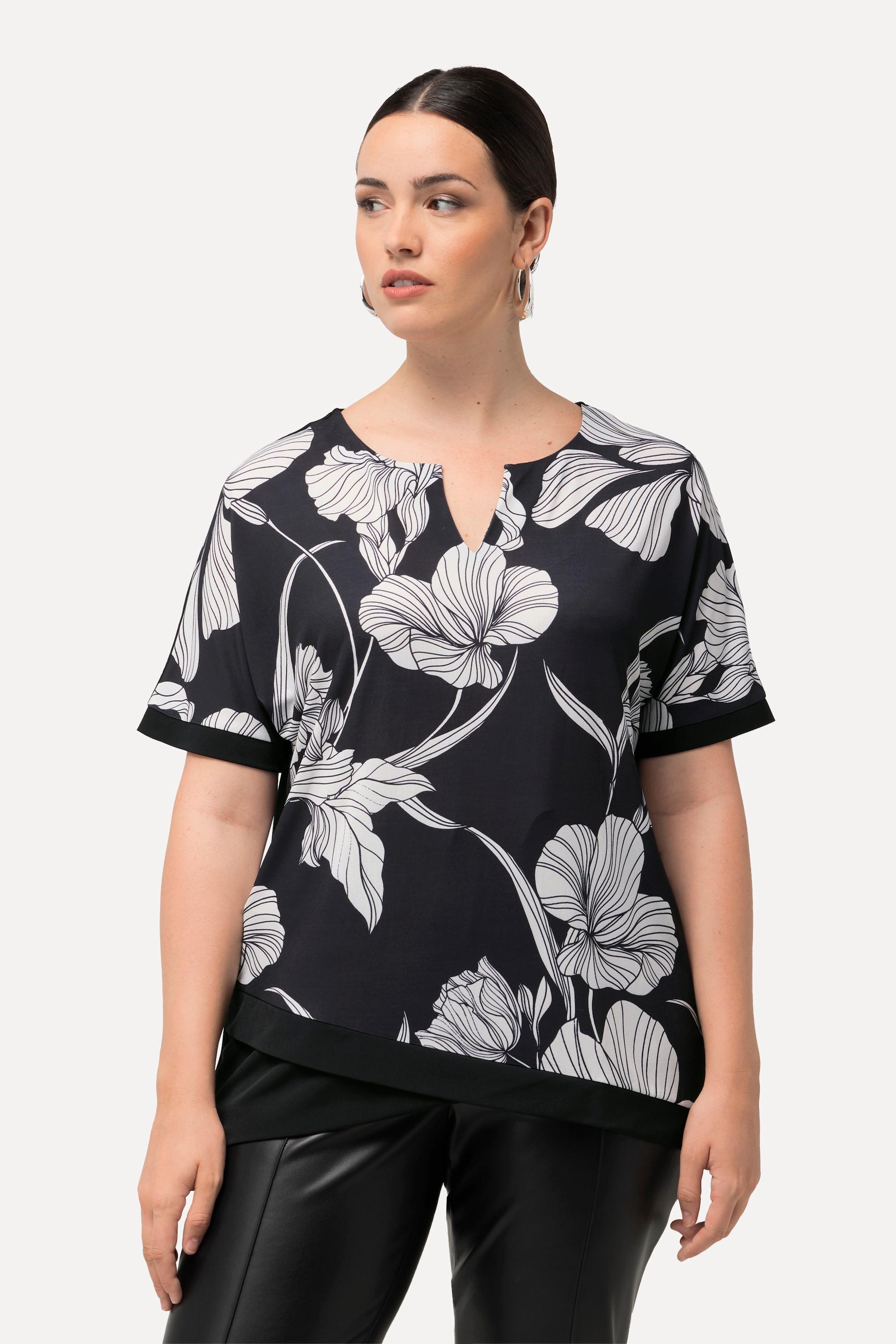 Ulla Popken  Blusenshirt, Blüten, Tunika-Ausschnitt, Halbarm 