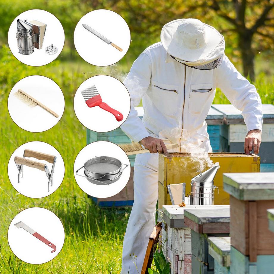 Northio  Imkerei-Werkzeugset 7-Teiliges Bienenzucht-Kit Mit Smoker, Stockmeißel, Bienenzuchtbürste, Starter Kit, Rostfrei 
